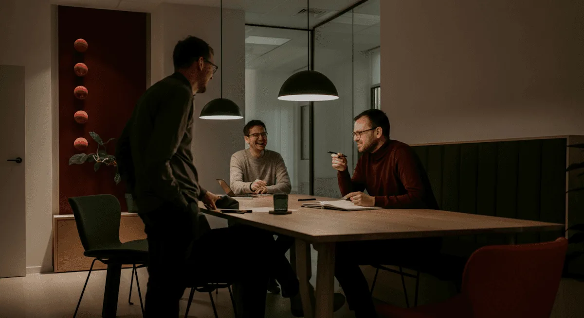 Un grupo de personas reunidas alrededor de una mesa en una sala en penumbra