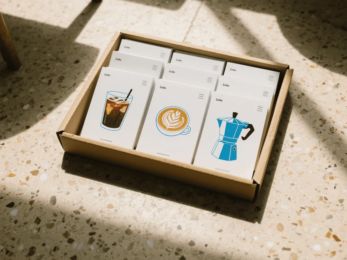 Una caja abierta con tarjetas ilustradas de café apoyada sobre una mesa de piedra