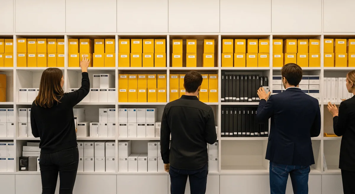Varias personas frente a una pared de archivos amarillos ordenados en estantes