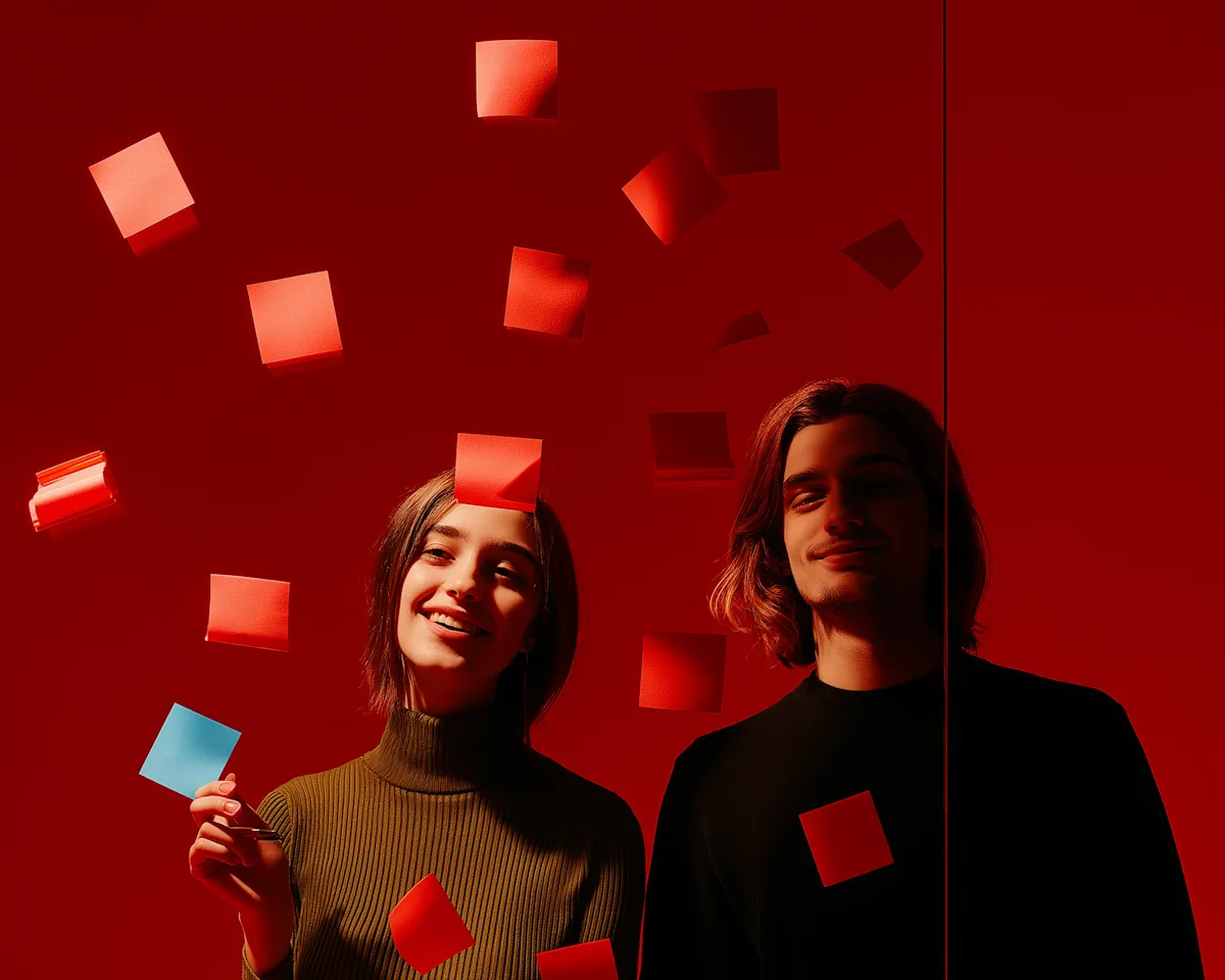 Dos personas sonríen entre papelitos adhesivos rojos suspendidos sobre una pared roja, y una sostiene el único celeste