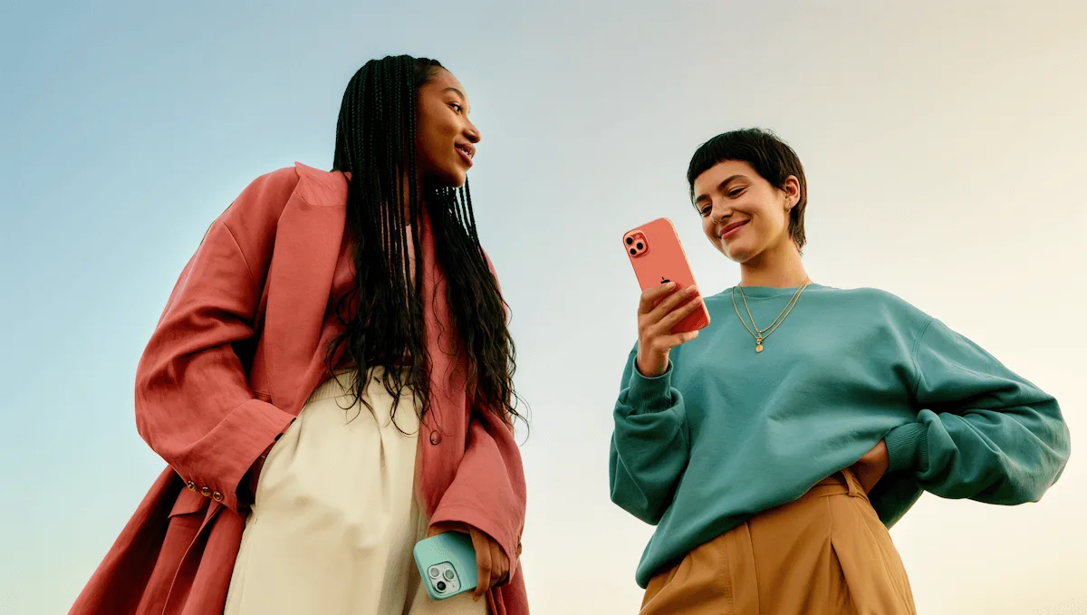 Dos mujeres miran un teléfono en la calle, de día
